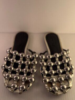 ALEXANDER WANG AMELIA SILVER LEATHER STUDDED SLIDES